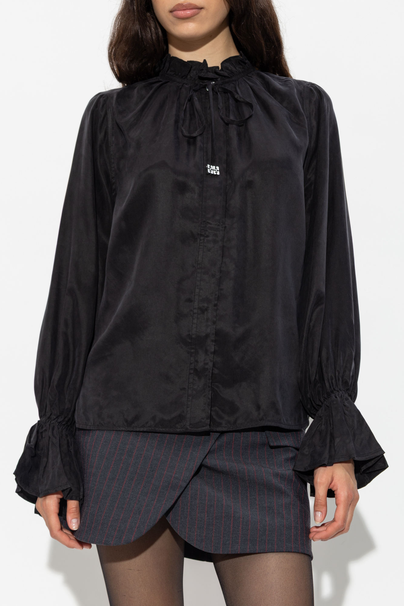 GANNI フリル袖 ラップスタイル 黒 トップス Cotton Poplin Peplum Tie Blouse | GANNI US